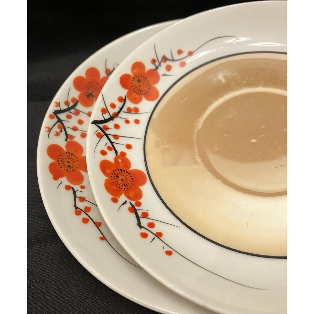 2 Peach Gold Japanese Lusterware Saucer Plates Black Orange Red Poppy Floral